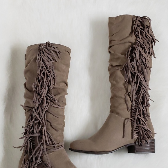 Madden Boho Chic Taupe Round Toe Fringe Knee Boots - Picture 6 of 9